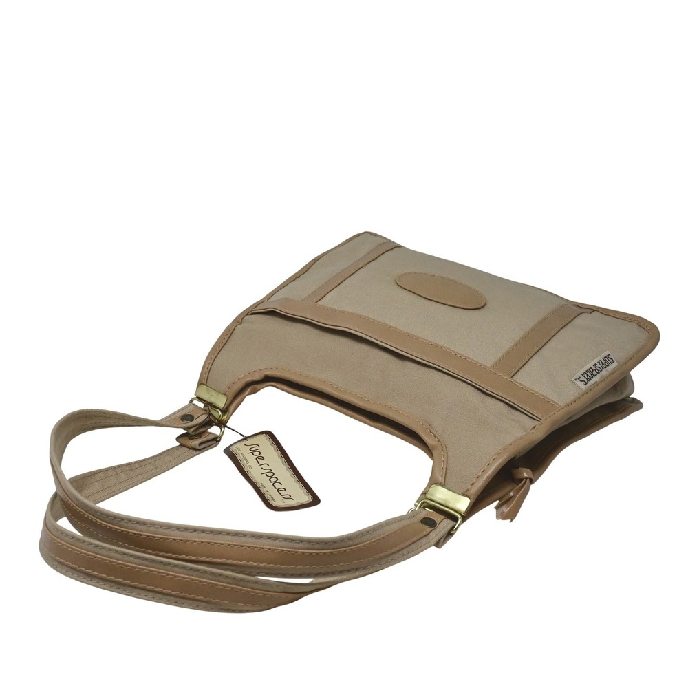 Vintage SuperSpacers Sarne Shoulder Bag Tan Canvas Leather Trim 90s Retro Tote